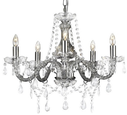 A chandelier with five lights and clear glass.