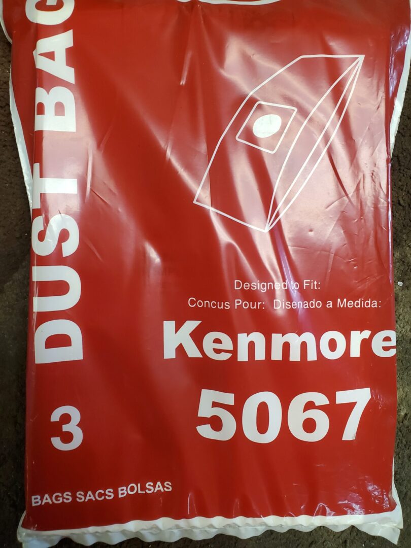 A red bag with the words " dust bags kenmore 5 0 6 7 ".